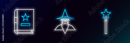Set line Magic wand, Ancient magic book and Wizard warlock icon. Glowing neon. Vector