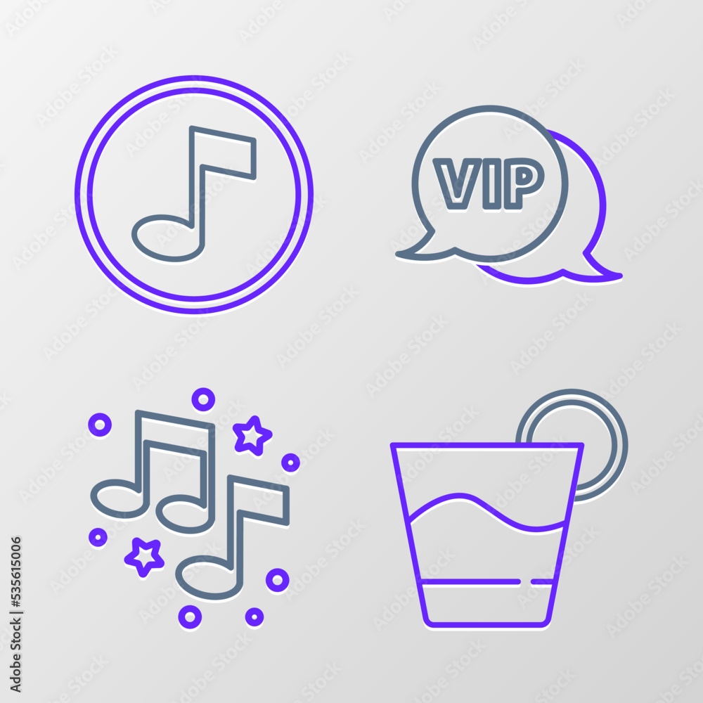 Set line Cocktail, Music note, tone, Vip in speech bubble and icon. Vector Set line Cocktail, Music note, tone, Vip in speech bubble and icon. Vector