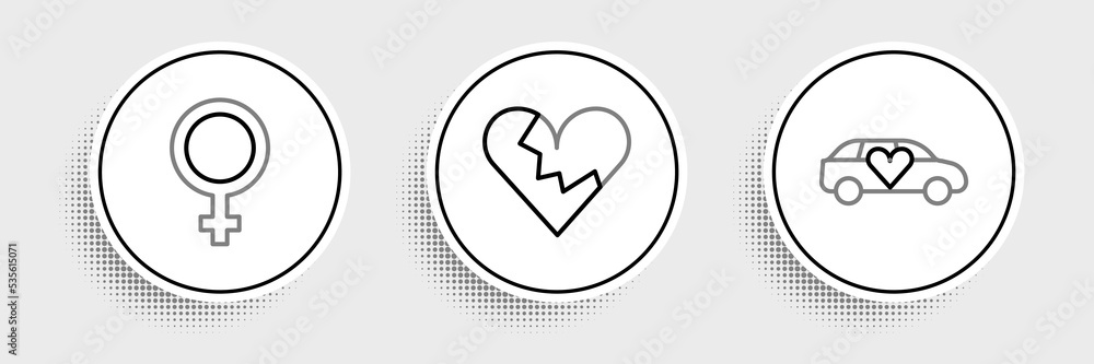 Set line Limousine car, Female gender symbol and Broken heart or divorce icon. Vector Set line Limousine car, Female gender symbol and Broken heart or divorce icon. Vector