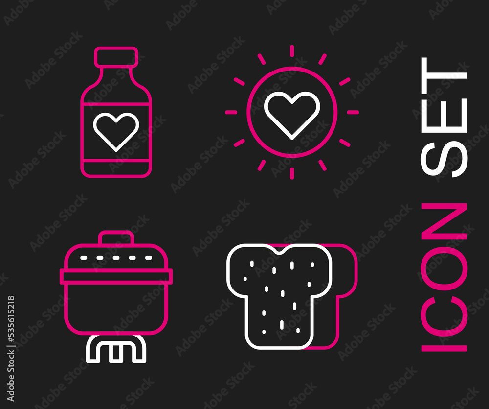 Set line Bread toast, Cooking pot, Sun and Vitamin pill icon. Vector Set line Bread toast, Cooking pot, Sun and Vitamin pill icon. Vector