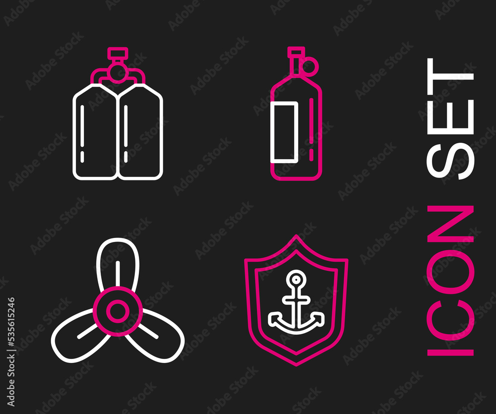 Set line Anchor inside shield, Boat propeller, turbine, Aqualung and icon. Vector
