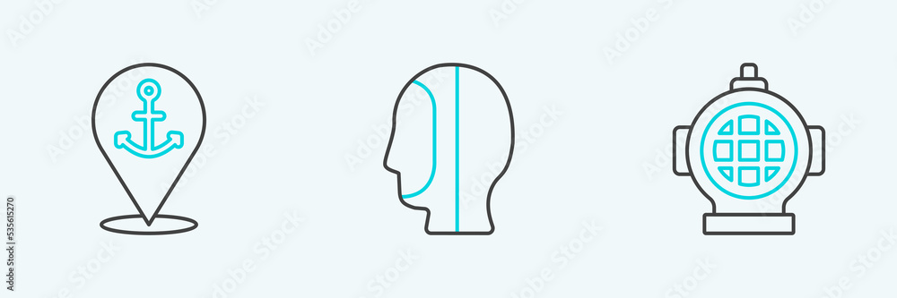 Set line Aqualung, Location with anchor and Diving hood icon. Vector Set line Aqualung, Location with anchor and Diving hood icon. Vector