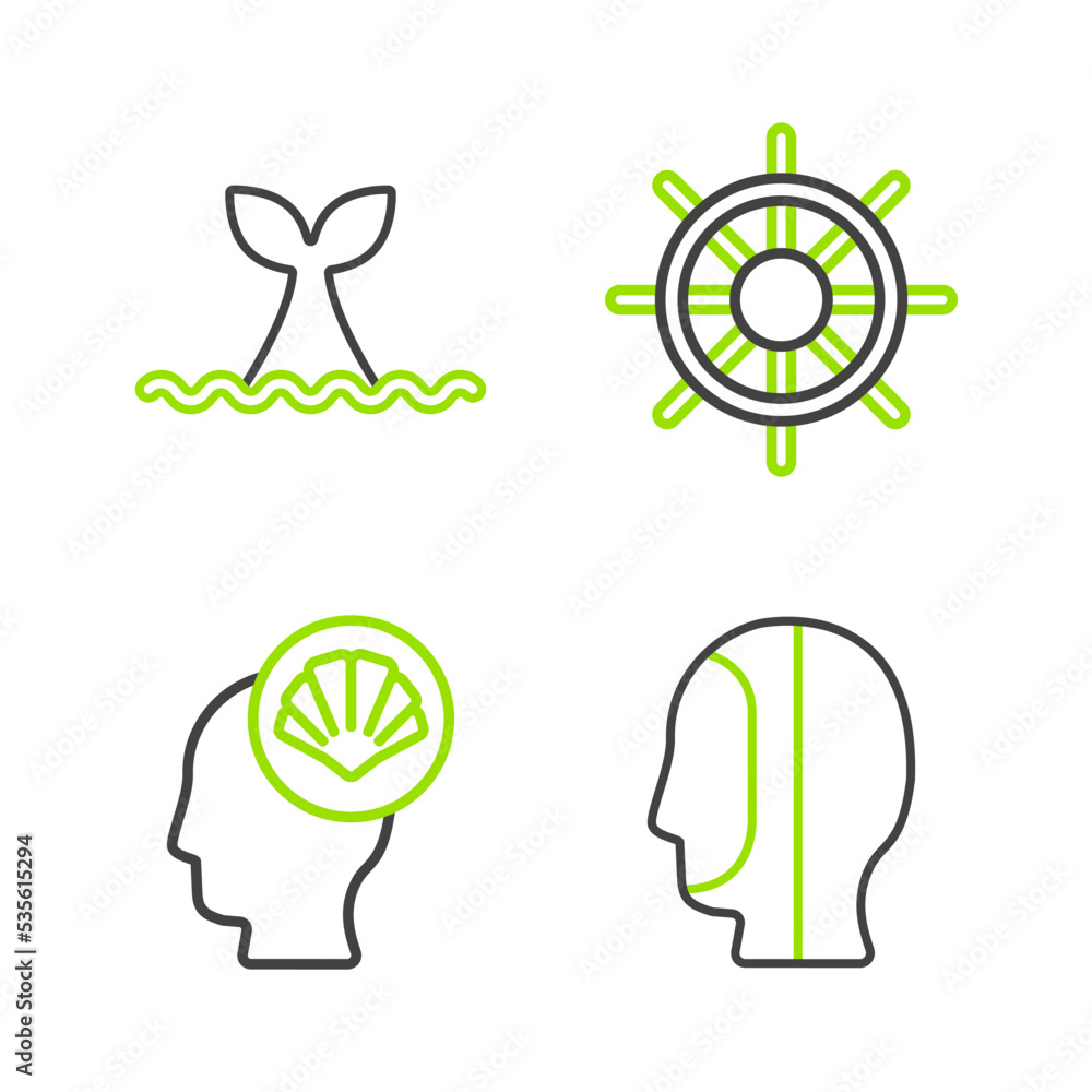 Set line Diving hood, Scallop sea shell, Ship steering wheel and Whale tail ocean wave icon. Vector Set line Diving hood, Scallop sea shell, Ship steering wheel and Whale tail ocean wave icon. Vector