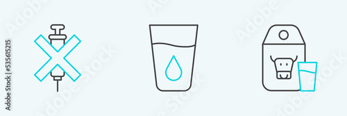 Set line Paper package for milk, No doping syringe and Glass with water icon. Vector