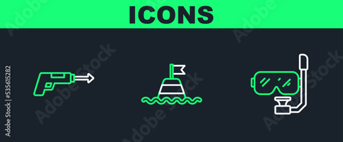 Set line Diving mask and snorkel, Fishing harpoon and Floating buoy the sea icon. Vector