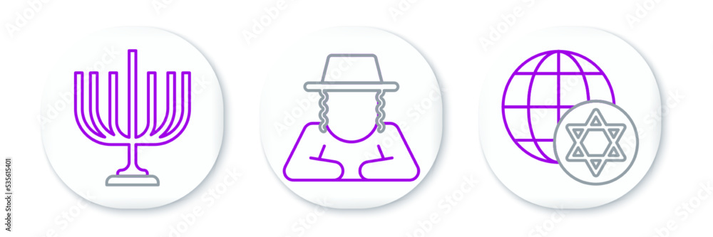 Set line World Globe and Israel, Hanukkah menorah and Orthodox jewish hat icon. Vector Set line World Globe and Israel, Hanukkah menorah and Orthodox jewish hat icon. Vector