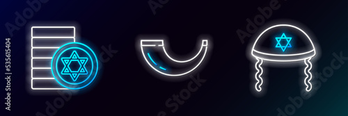 Set line Jewish kippah, coin and Traditional ram horn, shofar icon. Glowing neon. Vector