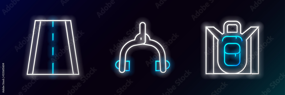 Set line Hiking backpack, Bicycle lane and brake calipers icon. Glowing neon. Vector Set line Hiking backpack, Bicycle lane and brake calipers icon. Glowing neon. Vector