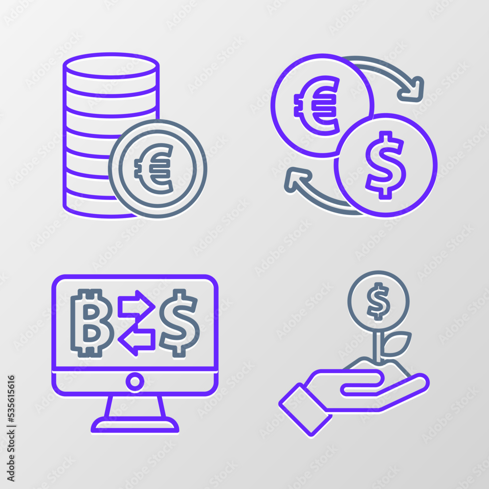 Set line Dollar plant, Cryptocurrency exchange, Money and Coin money with euro symbol icon. Vector Set line Dollar plant, Cryptocurrency exchange, Money and Coin money with euro symbol icon. Vector