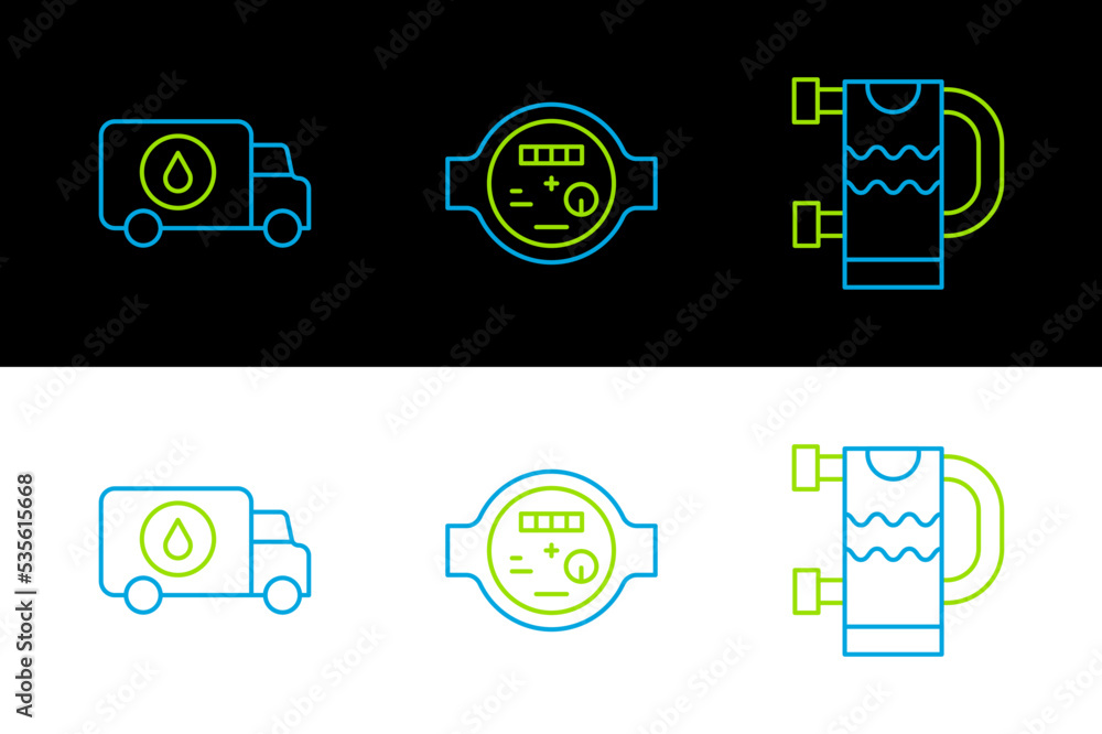 Set line Heated towel rail, Plumber service car and Water meter icon. Vector Set line Heated towel rail, Plumber service car and Water meter icon. Vector