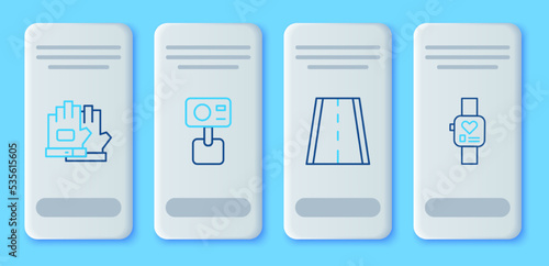 Set line Action extreme camera, Bicycle lane, Gloves and Smart watch icon. Vector