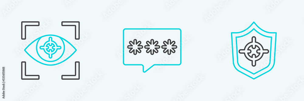 Set line Shield, Eye scan and Password protection icon. Vector Set line Shield, Eye scan and Password protection icon. Vector