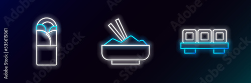 Set line Sushi on cutting board, Doner kebab and Rice bowl with chopstick icon. Glowing neon. Vector
