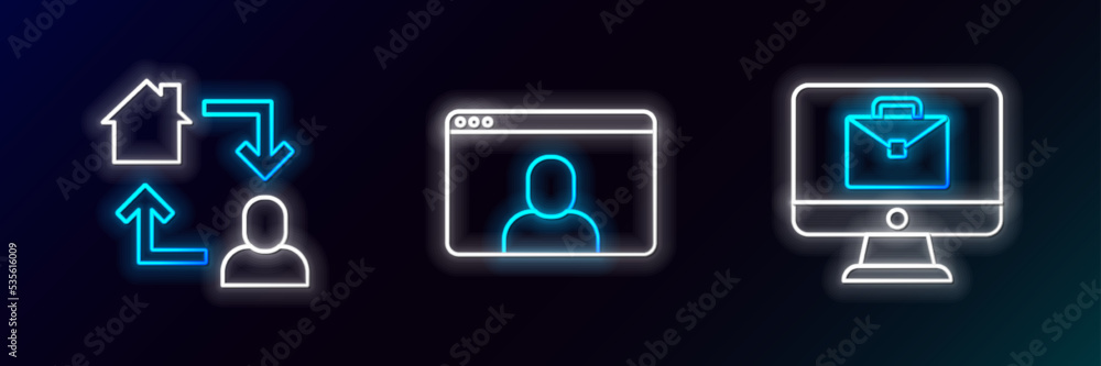 Set line Online working, and Video chat conference icon. Glowing neon. Vector Set line Online working, and Video chat conference icon. Glowing neon. Vector