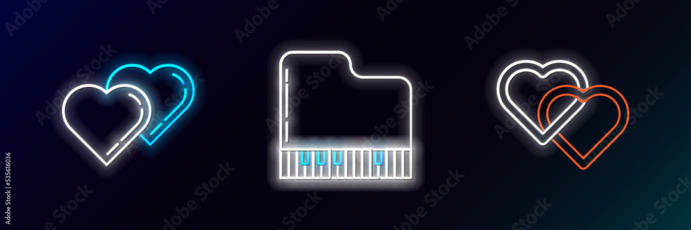 Set line Two Linked Hearts, and Grand piano icon. Glowing neon. Vector Set line Two Linked Hearts, and Grand piano icon. Glowing neon. Vector