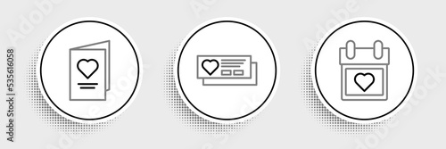 Set line Calendar with heart, Valentines day party flyer and Ticket icon. Vector