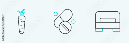 Set line Big bed, Carrot and Vitamin pill icon. Vector