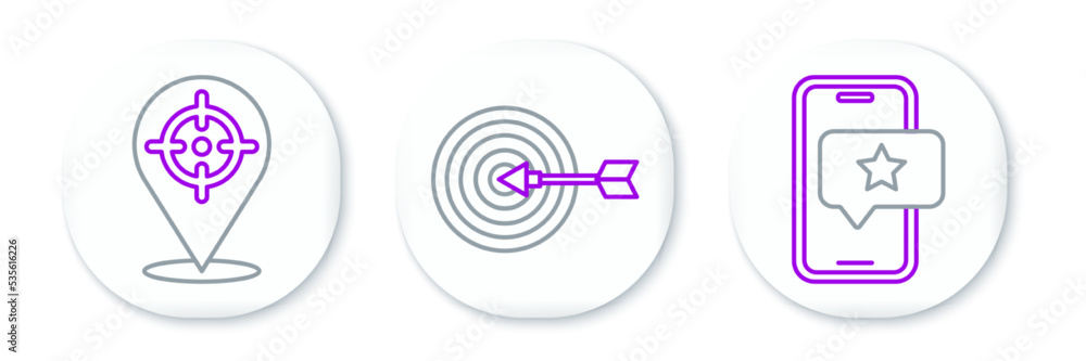 Set line Mobile with review rating, Target and icon. Vector Set line Mobile with review rating, Target and icon. Vector