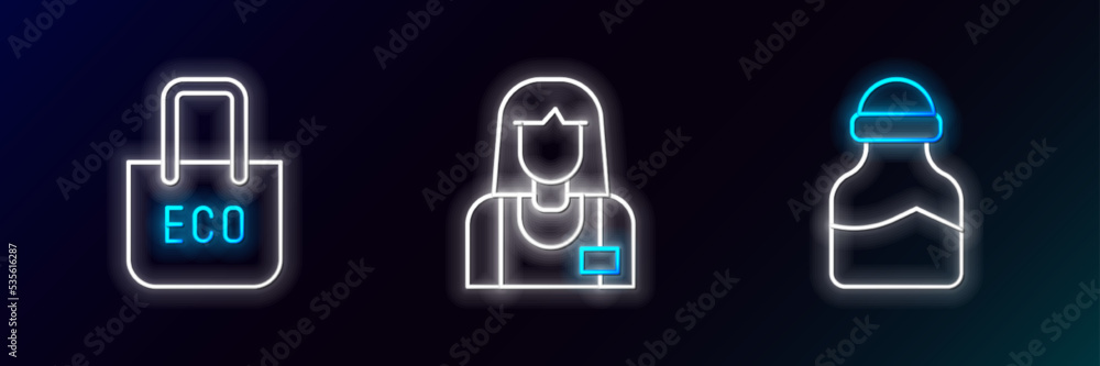 Set line Spice in can, Shopping bag with recycle and Seller icon. Glowing neon. Vector Set line Spice in can, Shopping bag with recycle and Seller icon. Glowing neon. Vector