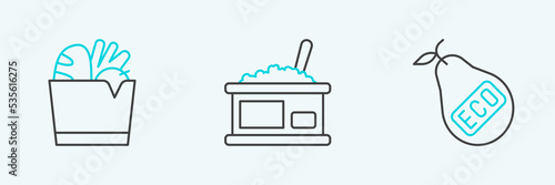 Set line Healthy organic pear, Shopping bag and food and Tin can with caviar icon. Vector