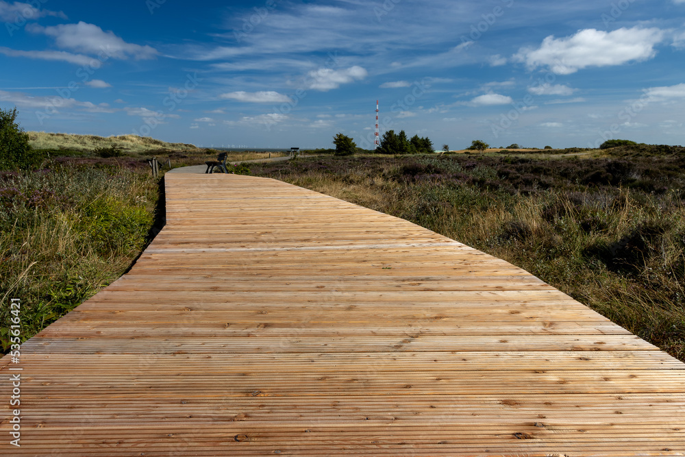 Wooden path at Morsumer Kliff on the island of Sylt. cloudy sky