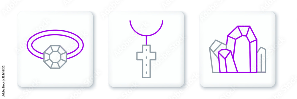 Set line Gem stone, Diamond engagement ring and Christian cross chain icon. Vector Set line Gem stone, Diamond engagement ring and Christian cross chain icon. Vector