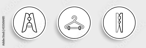 Set line Clothes pin, and Hanger wardrobe icon. Vector