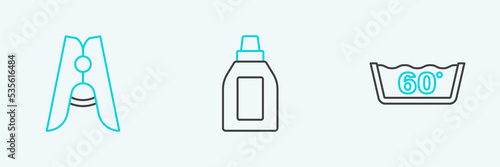 Set line Temperature wash, Clothes pin and Bottle for cleaning agent icon. Vector