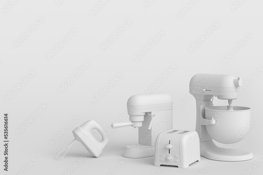 Espresso coffee machine, hand mixer, kettle and toaster on monochrome background Espresso coffee machine, hand mixer, kettle and toaster on monochrome background