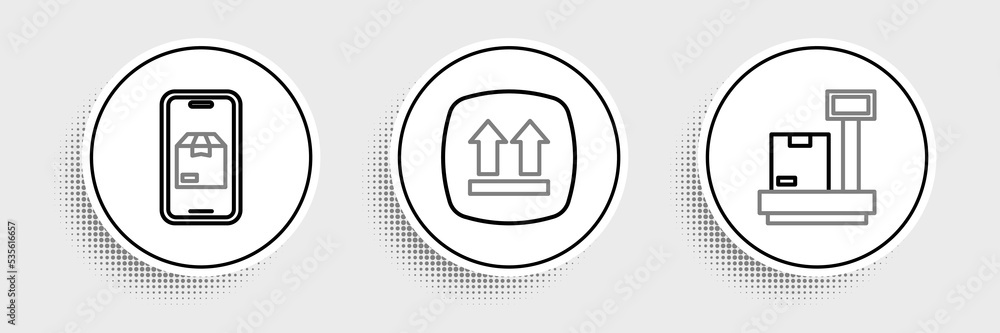 Set line Scale with cardboard box, Mobile app delivery tracking and This side up icon. Vector Set line Scale with cardboard box, Mobile app delivery tracking and This side up icon. Vector