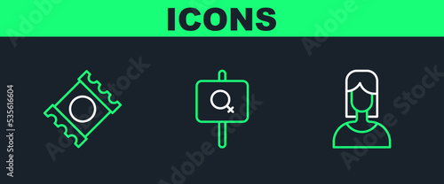Set line Female, Condom in package and Feminist activist icon. Vector