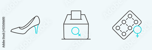 Set line Packaging of birth control pills, Woman shoe and Female vote right icon. Vector