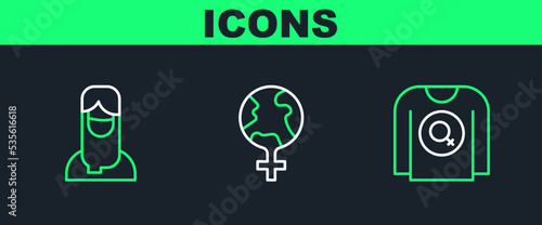 Set line Feminist shirt, Muslim woman hijab and Feminism the world icon. Vector