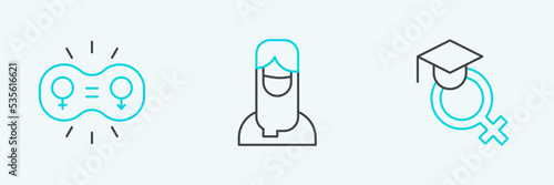 Set line Teacher, Gender equality and Muslim woman in hijab icon. Vector