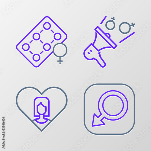 Set line Male gender, Heart with female, Feminist activist and Packaging of birth control pills icon. Vector