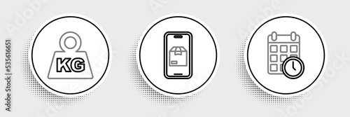 Set line Cardboard box with calendar, Weight and Mobile app delivery tracking icon. Vector
