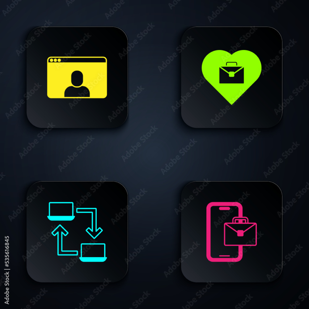 Set Freelancer, Video chat conference, Online working and Heart with text. Black square button. Vector Set Freelancer, Video chat conference, Online working and Heart with text. Black square button. Vector