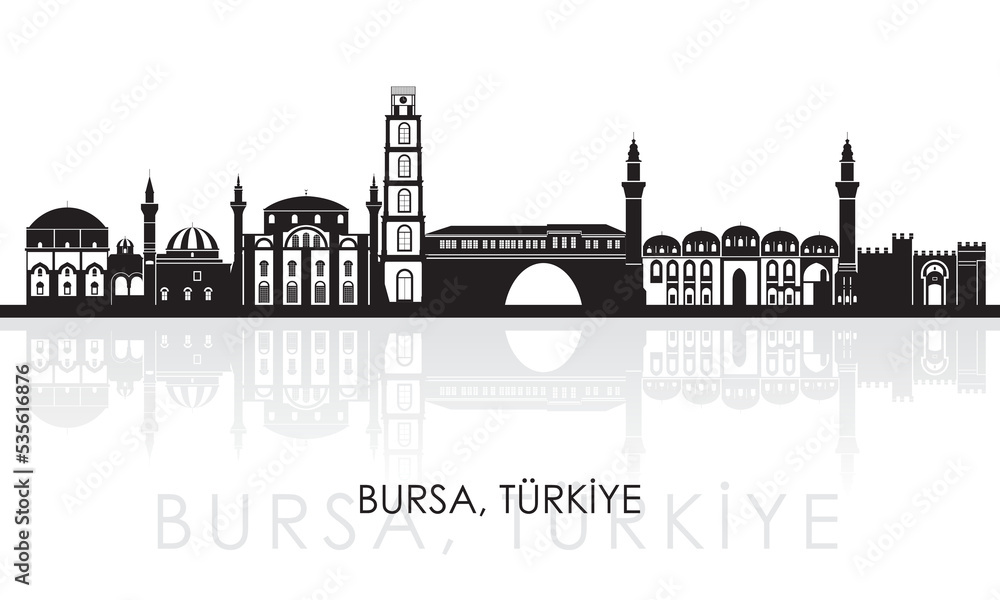 Silhouette Skyline panorama of city of Bursa, Turkiye - vector illustration