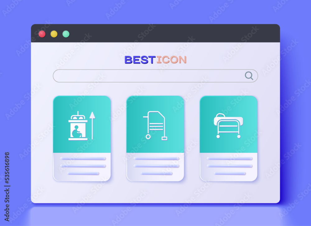 Set Walker, Elevator for disabled and Stretcher icon. Vector Set Walker, Elevator for disabled and Stretcher icon. Vector