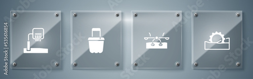 Set Ferris wheel, Seesaw, Sand in bucket and Basketball backboard. Square glass panels. Vector