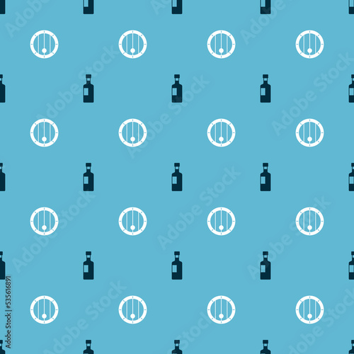 Set Wine bottle and Wooden barrel on seamless pattern. Vector