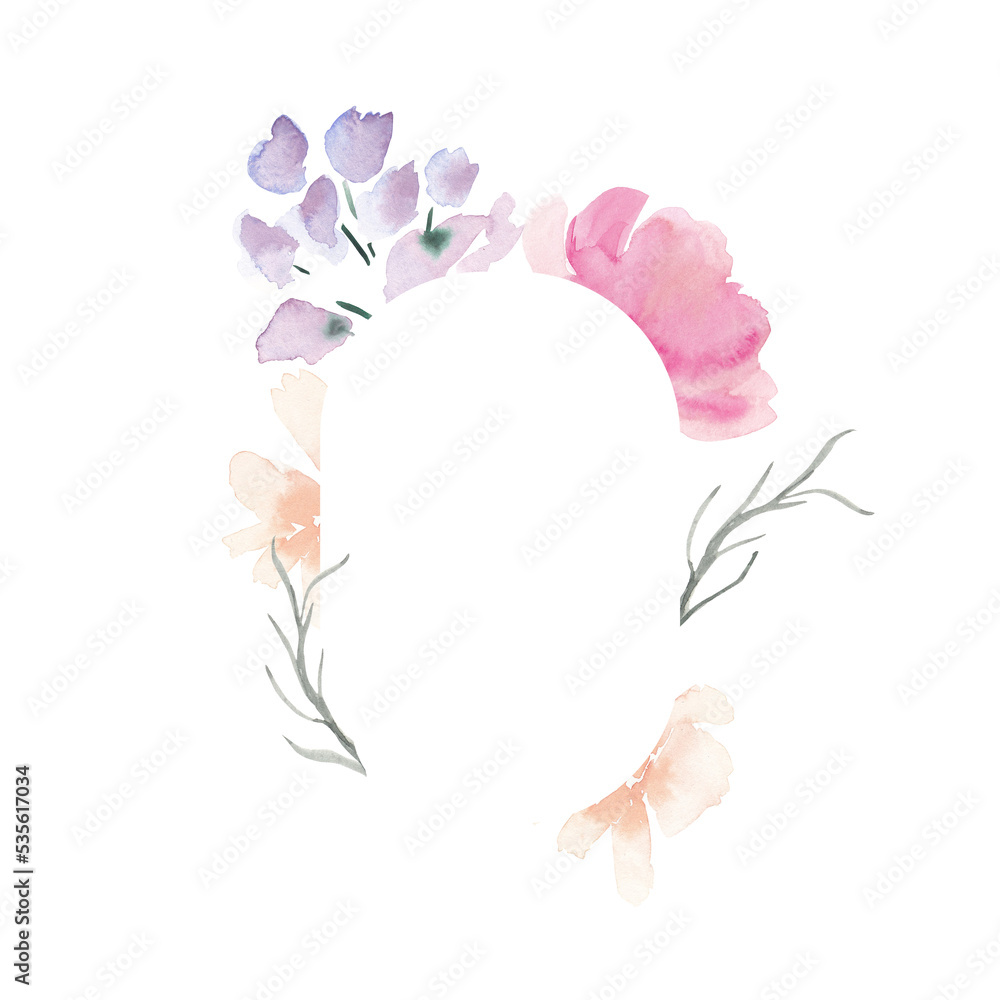 Pastel pink floral border in loose watercolor style with peony, daisies and hyacinth. Flower frame isolated on white background, banner, wedding invitation, greeting card, bridal shower, baby shower