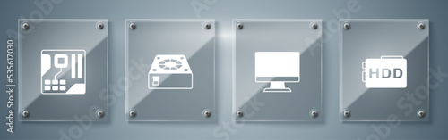 Set Hard disk drive HDD, Computer monitor screen, cooler and Motherboard digital chip. Square glass panels. Vector