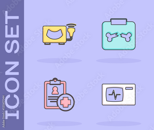 Set Monitor with cardiogram, Ultrasound, Patient record and X-ray shots broken bone icon. Vector