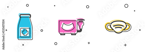 Set Medicine bottle and pills, Ultrasound and Medical protective mask icon. Vector