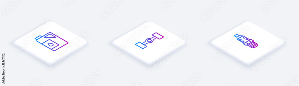 Set Isometric line Canister for motor oil, Chassis car and Car spark plug. White square button. Vector Set Isometric line Canister for motor oil, Chassis car and Car spark plug. White square button. Vector