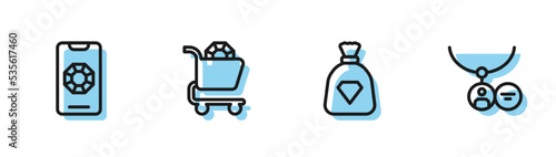 Set line Bag with gems, Jewelry online shopping, and Locket necklace icon. Vector