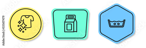 Set line Drying clothes, Laundry detergent and Temperature wash. Colored shapes. Vector