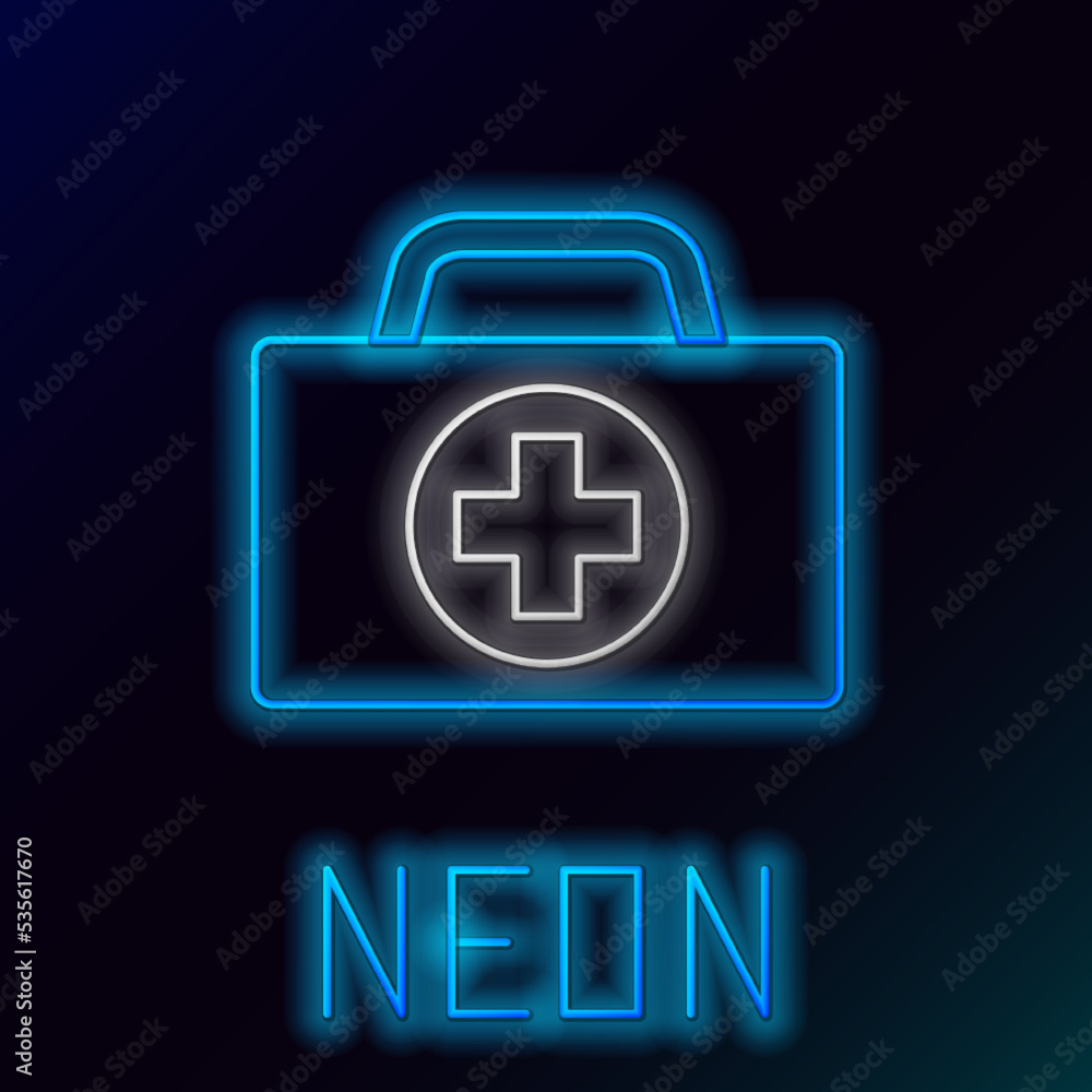 Glowing neon line First aid kit icon isolated on black background. Medical box with cross. Medical equipment for emergency. Healthcare concept. Colorful outline concept. Vector Glowing neon line First aid kit icon isolated on black background. Medical box with cross. Medical equipment for emergency. Healthcare concept. Colorful outline concept. Vector