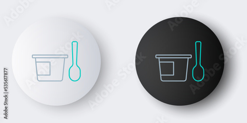 Line Yogurt container with spoon icon isolated on grey background. Yogurt in plastic cup. Colorful outline concept. Vector